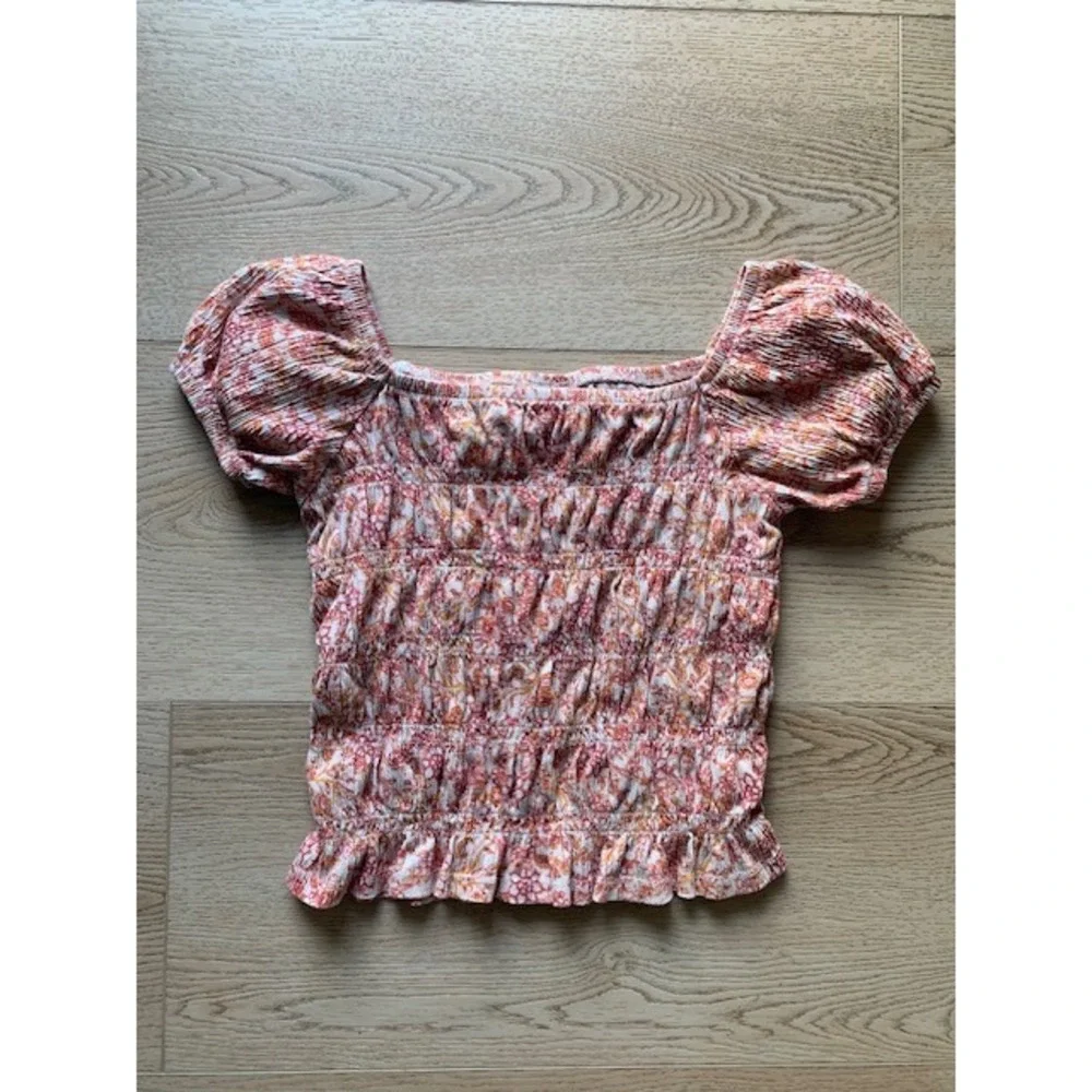 Old Navy Girls Orange Pink‎ Floral Smocked Puff Sleeve Top Size L 10-12 Paisley